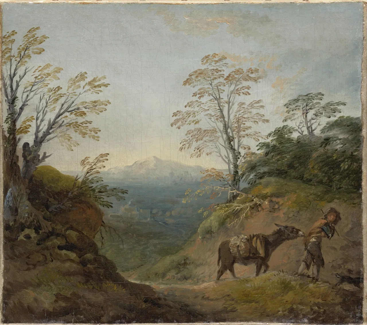 당나귀와 개가 있는 숲길 풍경 — 토마스 게인즈버러